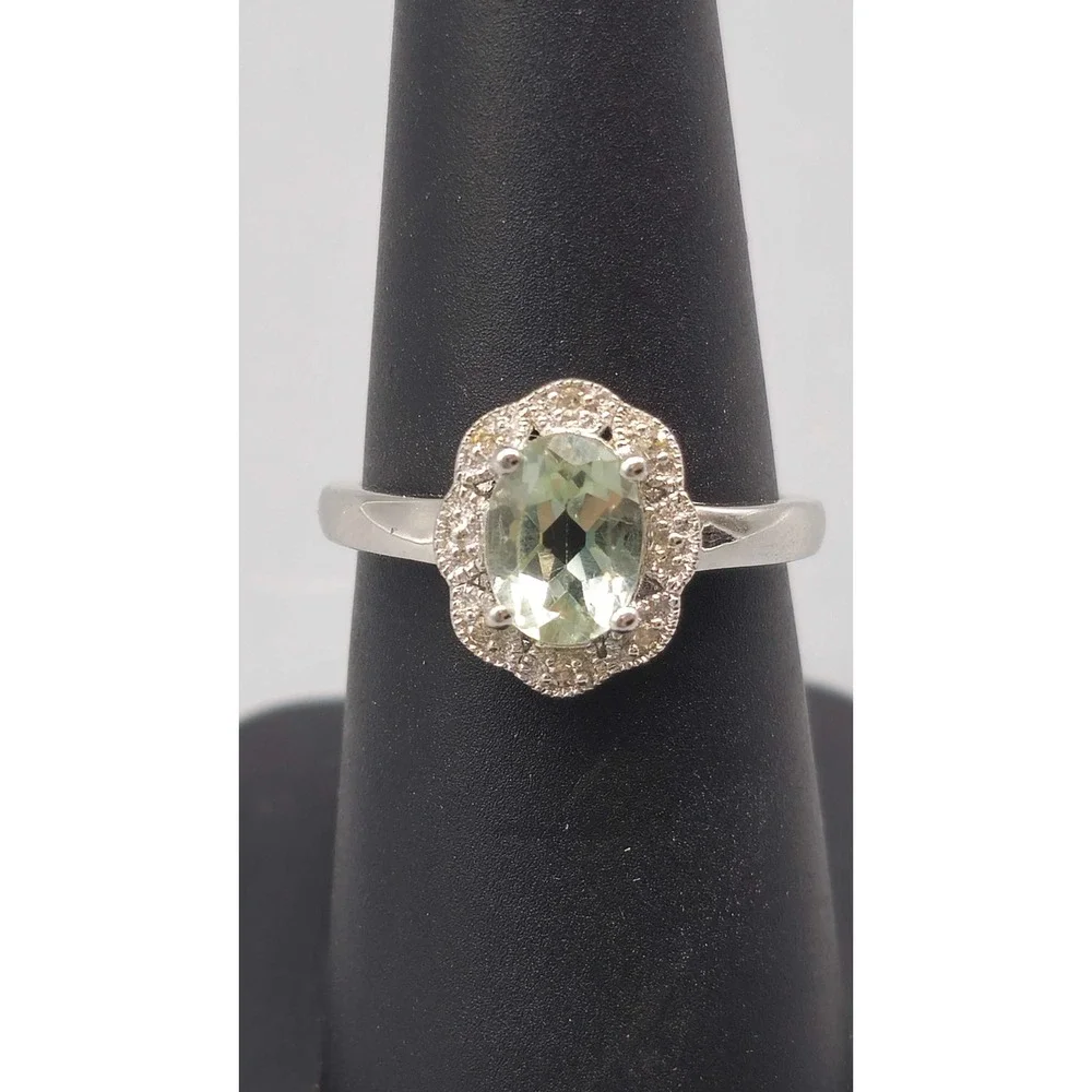 .925 SILVER DIAMOND & GREEN AMETHYST RING SIZE 7 2.5G (GNH023044)